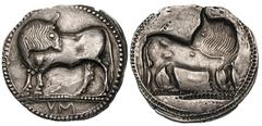 LUCANIA. Sybaris. Ca. 525–510 BC. Silver stater (8.34 gm). Bull standing left, head reverted, VM in exergue / Same type as obverse, reversed and incuse. Schefold, Meisterwerke griechischer Kunst (1960