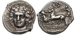 SICILY. Catana. Ca. 405–402 BC. Silver tetradrachm (16.95 gm). Signed on the obverse by Heracleidas. Laureate head of Apollo facing, inclined very slightly to viewer’s left, hair falling in loose wave