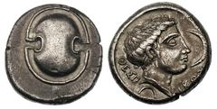 BOEOTIA. Thespiae. Ca. 400–350 BC. Silver stater (11.98 gm). Boeotian shield / ΘΕΣΠ−ΙΚΩΝ, head of Aphrodite Melainis right, two crescents in ﬁeld. BMC Boeotia, p. 91, 9, pl. xvi, 8 (same dies). Boston