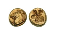 IONIA. Phocaea. Early 5th century BC. Electrum one-sixth stater or hecte (2.56 gm). Head of bridled horse left, mouth open, mane in parallel plaits / Rough incuse of “mill sail” pattern. BMFA 1905. Ex