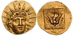 ISLANDS OFF CARIA. Rhodes. Ca. 125–88 BC. Gold stater (8.44 gm). Radiate head of Helios facing, inclined slightly to right / P—O, rose with bud on right, grain stalk on left, above moneyer’s signature