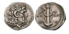 CYRENAICA. Cyrene. Ca. 250 BC. Silver didrachm (7.82 gm). Koinon issue. Diademed, horned head of Zeus Ammon right / Silphium plant, ibex horn to upper left, KOI—NON across ﬁelds. BMC Cyrenaica p. 68, 