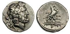 LYCIA. Oinoanda. Silver stater (8.15 gm). Ca. 2nd century BC. Laureate head of Zeus right, scepter terminating in lotus blossom and A behind / Eagle with closed wings standing right on winged thunderb