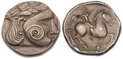 CELTS IN EASTERN EUROPE. Dacian Plain. Circa late third century BC. Silver tetradrachm (13.57 gm). Wangenschnecke type. Laureate head right, spiral on cheek / Horseman pacing right, left arm raised. C