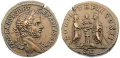 ROMAN EMPIRE. Geta (AD 209-211). Orichalcum sestertius (27.01 gm). Rome, AD 210. IMP CAES P SEPT GETA PIVS AVG, laureate head of Geta right / PONTIF TR P II COS II, Caracalla and Geta standing facing 