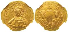 BYZANTINE EMPIRE. Basil II & Constantine VIII (AD 976-1025). Gold histamenon nomisma (4.34 gm). Constantinople. +IhS XIS REX REGNANTInm, bearded bust of Christ facing, emitting nimbus cruciger with tw