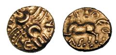 CELTIC BRITAIN. Trinovantes. Tasciovanus. AV quarter stater (1.33 gm). First coinage, 25–20 BC. Crossed wreaths, V—E—R—O in angles / Celticized horse left, bucranium above, TAS below, rings above and 