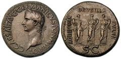 ROMAN EMPIRE. Caligula (AD 37–41). Æ sestertius (27.41 gm). Rome, AD 37–38. C. CAESAR. AVG. GERMANICVS. PON. M. TR. POT, laureate head of Caligula left / AGRIPPINA DRVSILLA IVLIA S C, Caligula’s three