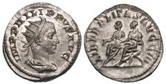 ROMAN EMPIRE. Philip II (AD 247–249). AR antoninianus (4.59 gm). Rome, AD 247. IMP PHILIPPVS AVG, radiate, draped, cuirassed bust of Philip II right / LIBERALITAS AVGG III, Philip I and Philip II seat