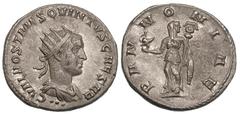 ROMAN EMPIRE. Hostilian, as Caesar (AD 250–251). AR antoninianus (4.31 gm). Antioch, AD 250. C VAL HOST MES QVINTVS CAESAR, radiate, draped bust of Hostilian right, three pellets below / PANNONIAE, Pa