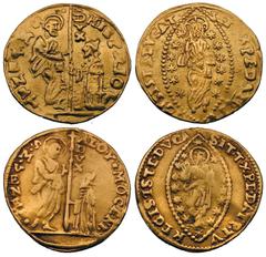 ITALY: Lot of 2 Venetian gold zecchini. Gerolamo Priuli (1559–1567) and Alvise Mocenigo III (1722–1732), types as preceding (Friedberg 1257, 1379). TWO COINS IN LOT. The 1st good very fine; the 2nd ne