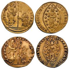ITALY: Lot of 2 Venetian gold zecchini. Both of Paolo Rainer (1779–1789), types as preceding (Friedberg 1434). TWO COINS IN LOT. The 1st very fine; the 2nd weakly struck but nearly extremely fine Esti