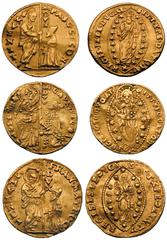 ITALY: Lot of 3 Venetian gold coins. Lorenzo Celsi (1361–1365), AV ducat, types as preceding (Friedberg 1225). Pasquale Cicogna (1585–1595), AV zecchino, types as preceding (Friedberg 1270). Francesco