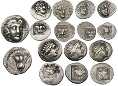 Lot of 8 silver coins of Rhodes. Ca. 305–275 BC, didrachm, radiate Helios head three-quarters right / rose (BMC Caria 105). Ca. 188–84 BC, plinthophoric drachms (3), radiate Helios head right / rose i