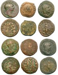 Lot of 8 Roman, Roman provincial, and Byzantine bronze and billon coins. Trajan (AD 98–117), sestertius, rev. Dacia seated left before trophy (RCTV 3196). Severus Alexander (AD 222–235), Æ 35 mm of Am