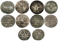 Lot of 5 Byzantine silver miliaresia. Leo III and Constantine V (AD 720–741), cross potent / inscription (Sear 1512, DO 22). Constantine VII and Romanus I (AD 920–944), cross crosslet / inscription (S