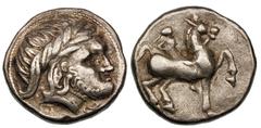 EARLY IMITATIONS OF PHILIP II TETRADRACHMS. AR tetradrachm (13.71 gm). Laureate head of Zeus right, of local style / Nude jockey on horse prancing right. Leu 79, 31 October 2000, lot 153 (same obverse