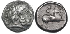 EARLY IMITATIONS OF PHILIP II TETRADRACHMS. AR tetradrachm (13.72 gm). Birnenscheitel type. Laureate head of Zeus right / Horseman right, K behind, A before horse. Göbl OTA 74/2. Kostial 396. Dark ton