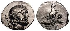 LYCIA. Oenoanda. Early second century BC. AR stater (8.36 gm). Laureate head of Zeus right, B and lotus scepter behind neck / ΟΙΝΟ—ΑΝ / ΔΕωΝ, eagle standing right on thunderbolt, sword behind round sh