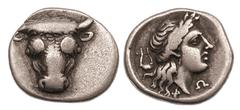 PHOCIS. 356–346 BC. AR hemidrachm (2.80 gm). Facing head of bull / Φ—Ω, laureate head of Apollo right, cithara behind. Probably Williams 390 (O.263/R.231). Lightly toned. Very fine Ex Albert M. Potts 