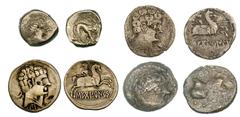 Lot of 4 Celtic silver and billon coins. Celtiberians, Sekobirkes, ca. 100 BC, AR denarii (2), male head, crescent behind/horseman (CNH 5 and 8). Cisalpine Gaul, Celtic imitation of Massalia, ca. 250–
