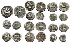 Lot of 11 Greek silver minors. Lot includes Alexander III drachm; Thessaly, Lamia hemidrachm, Dionysus/amphora (BMC 2); Euboea, Chalcis drachm and hemidrachm, Histiaea tetrobols (2); Aegina hemidrachm