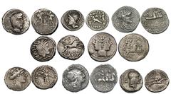 Lot of 8 republican silver coins. One didrachm: quadrigatus, ca. 225-214 BC, legend illegible (RCV 31-33); seven denarii: Anonymous, ca. 211-206, wheel symbol (RRC 79/1); Q. Curtius and M. Iunius Sila