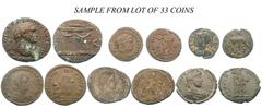 Lot of 33 Roman bronze coins. Included are types of the empress Faustina I and the emperors Claudius, Vespasian, Gordian III, Gallienus, Probus, Carinus, Diocletian, Constantius I, Constantine I,Valen