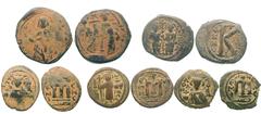 Lot of 5 Byzantine and Arab-Byzantine bronze coins. Byzantine, Justin II and Sophia (AD 565–578), half follis, Antioch, Justin and Sophia enthroned facing/K (DO 163); Constantine X (AD 1059–1067), fol