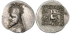 PARTHIAN KINGDOM. Gotarzes I (95-87 BC) or Sinatruces (93/2-70/69 BC). Silver drachm (4.16 gm). Rhagae. Diademed bust left, wearing tiara ornamented with horn and row of stags around top; neck torque 