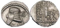 PARTHIAN KINGDOM. Vologases I (AD 51-78). Silver drachm (3.68 gm). Ecbatana. Diademed and draped bust left, wart on brow / Degraded legend, Arsaces I seated right holding bow, AT· monogram below. Sell