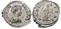 Geta as Caesar (AD 198-209). Silver denarius (3.31 gm). Ca. 200-204. P SEPT GETA — CAES PONT, draped bust right / NOBI—LITAS, Nobilitas standing half-right, holding grounded scepter and Palladium conf