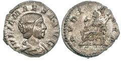 Julia Maesa, grandmother of Elagabalus (AD 218-ca. 225). Silver denarius (3.47 gm). Ca. 218-222. IVLIA MAESA AVG, draped bust right, hair coiled in three braids in back / PVDI—CITIA, Pudicitia enthron