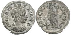Julia Maesa, grandmother of Elagabalus (AD 218-ca. 225). Silver denarius (2.14 gm). Ca. 218-222. IVLIA MAESA· AVG, draped bust right, hair coiled in two braids in back / SAECVLI FE—LICITAS, Felicitas 