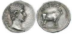 Augustus (27 BC-AD 14). Silver denarius (3.78 gm, 1h). Pergamum or Samos, ca. 27 or 21-20. CAESAR, bare head of Augustus right / AVGVSTVS, heifer standing right. RIC 475 (Samos[?]). BN 941 (Pergamum).