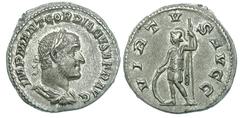 Gordian II Africanus (AD 238). Silver denarius (3.20 gm). IMP M ANT GORDIANVS AVF AVG, laureate, draped, and cuirassed bust of Gordian II right / VIRTV—S AVGG, Virtus standing half-left, resting hand 