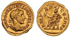 Gordian III (AD 238–244). Gold aureus (5.05 gm). 241–243. IMP GORDIANVS PIVS FEL AVG, laureate, draped, and cuirassed bust of Gordian III right / PM T—R P VI COS II PP, Apollo, bare to waist, seated l
