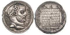 Licinius I (AD 308-324). Silver argenteus (3.16 gm). Antioch, ca. 309. LICINNIVS — AVGVSTVS, laureate head of Licinius I right / VIRTVS — MILITVM around, *ANTH* below, three-turreted camp gate with op