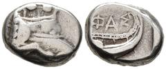 Greek LYCIA, Phaselis. Tetrobol (AR, 14 mm, 3.41 g) c. 500-440 BC. Prow of galley right, terminating in forepart of boar. / ΦΑΣ Stern of galley right. Heipp-Tamer 58. Very fine.