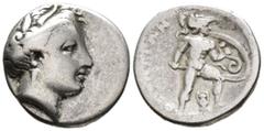 GREEK LOKRIS. Lokris Opuntii. Triobol (AR, 15 mm, 2.60 g) c. 340–330 BC. Wreathed head of Demeter right. / OΠONTIΩN Ajax advancing right, wearing Corinthian helmet, holding sword in his right hand and