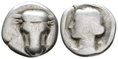 GREEK PHOKIS. Federal Coinage. Triobol (AR, 14 mm, 2.50 g) c. 445–420 BC. Bull's head facing. / [Φ–Ο–Κ–Ι] Head of Artemis left, wearing necklace, with her hair tied into a bun at the back; all within 