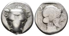 GREEK PHOKIS. Federal Coinage. Triobol (AR, 13 mm, 2.83 g) c. 445–420 BC. Bull's head facing. / [Φ]–Ο–[Κ–Ι] Head of Artemis right, wearing necklace, with her hair tied into a bun at the back; all with