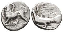 GREEK SIKYONIA. Sikyon. Triobol (AR, 15 mm, 2.78 g) c. 330–280 BC. Chimera standing left with right forepaw slightly raised; below ΣΙ. / Dove flying left; above tail feathers ΔΙ. BCD 299. Minor deposi