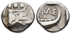 GREEK LYCIA. Phaselis. Tetrobol (AR, 13 mm, 3.32 g) c. 500–440 BC. Prow of galley right in the form of a forepart of a boar. / ΦΑΣ Stern of galley right within incuse square. Heipp-Tamer Series 4, Emi