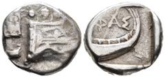 GREEK LYCIA. Phaselis. Tetrobol (AR, 15 mm, 3.39 g) c. 500–440 BC. Prow of galley right in the form of a forepart of a boar. / ΦΑΣ Stern of galley right within incuse square. Heipp-Tamer Series 4, Emi