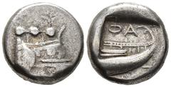GREEK LYCIA. Phaselis. Tetrobol (AR, 13 mm, 3.40 g) c. 500–440 BC. Prow of galley right in the form of a forepart of a boar. / ΦΑ–Σ Stern of galley right within incuse square. Heipp-Tamer Series 4, Em