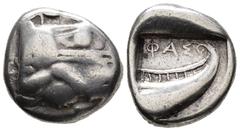 GREEK LYCIA. Phaselis. Tetrobol (AR, 13 mm, 3.35 g) c. 500–440 BC. Prow of galley right in the form of a forepart of a boar. / ΦΑΣ Stern of galley right within incuse square. Heipp-Tamer Series 4, Emi