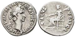 ROMAN IMPERIAL Nerva (AD 96–98). Denarius (AR, 18 mm, 3.22 g) AD 96, Rome mint. IMP NERVA CAES AVG PM TR P COS II P P Laureate head of Nerva right. / SALVS PVBLICA Salus seated left on throne, holding