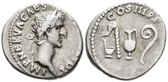 ROMAN IMPERIAL Nerva (AD 96–98). Denarius (AR, 18 mm, 3.44 g) AD 97, Rome mint. IMP NERVA CAES AVG P M TR POT Laureate head of Nerva right. / COS III P P Simpulum, sprinkler, ewer and lituus. RIC 23. 