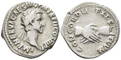ROMAN IMPERIAL Nerva (AD 96–98). Denarius (AR, 18 mm, 2.95 g) AD 97, Rome mint. IMP NERVA CAES AVG PM TR P II COS III P P Laureate head of Nerva right. / CONCORDIA EXERCITVVM Clasped hands. RIC 26. Ve